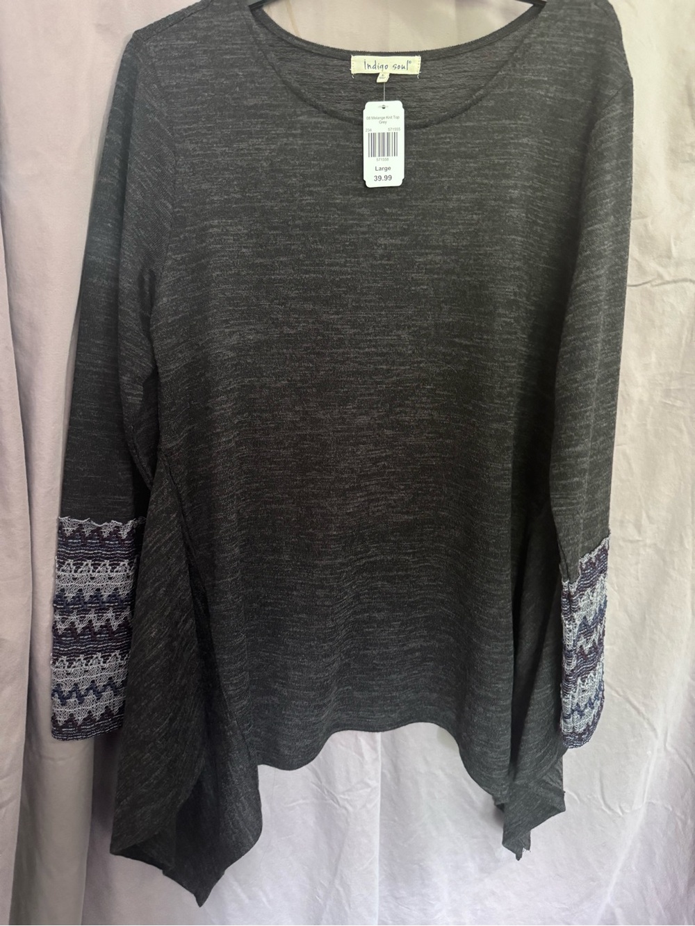 indigo soul NWT Charcoal Scoop Neck Sweater with Patterned Embroidered Cuffs